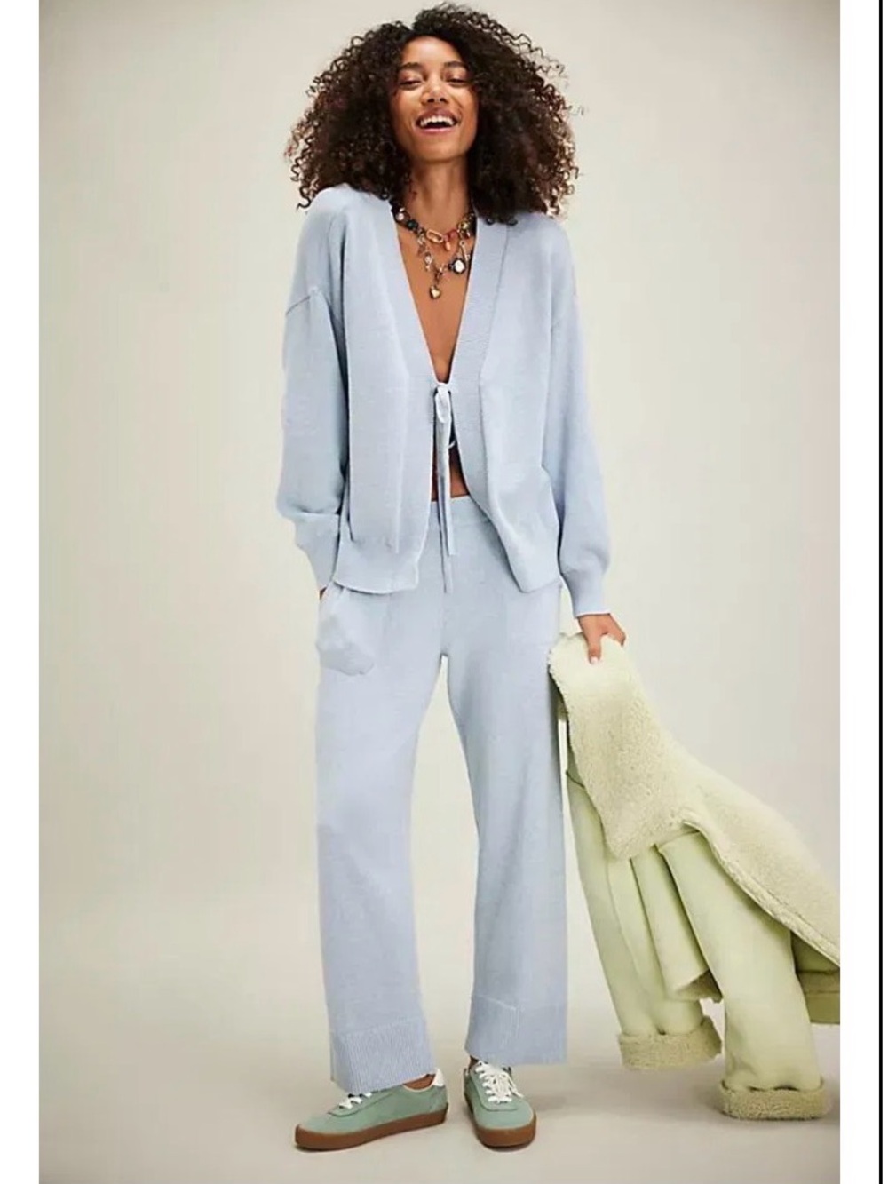 Free peoples Light Blue Tie-Front V-Neck Sweater and pants size S